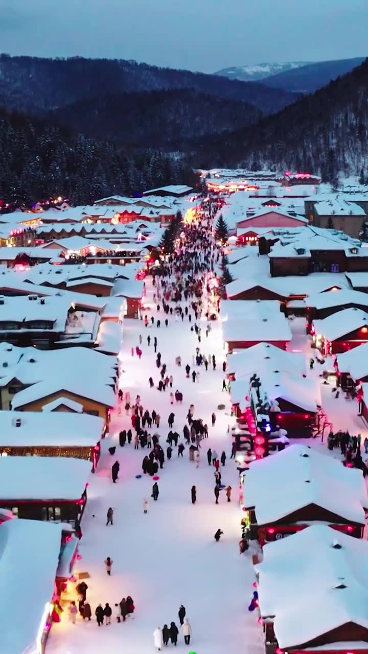 东北雪乡的夜景，东北旅游热门景点，雪乡的童话世界视频素材