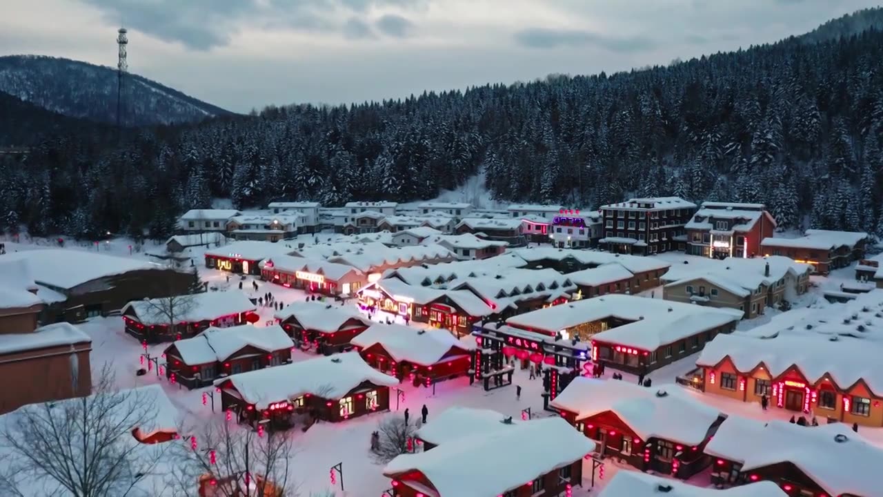 东北雪乡的夜景，东北旅游热门景点，雪乡的童话世界视频素材