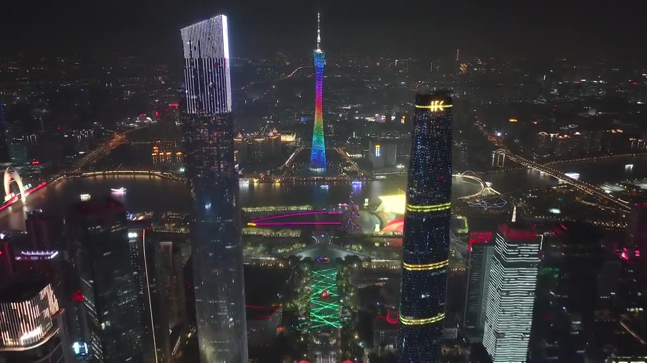 航拍广州珠江新城中轴线城市夜景视频素材