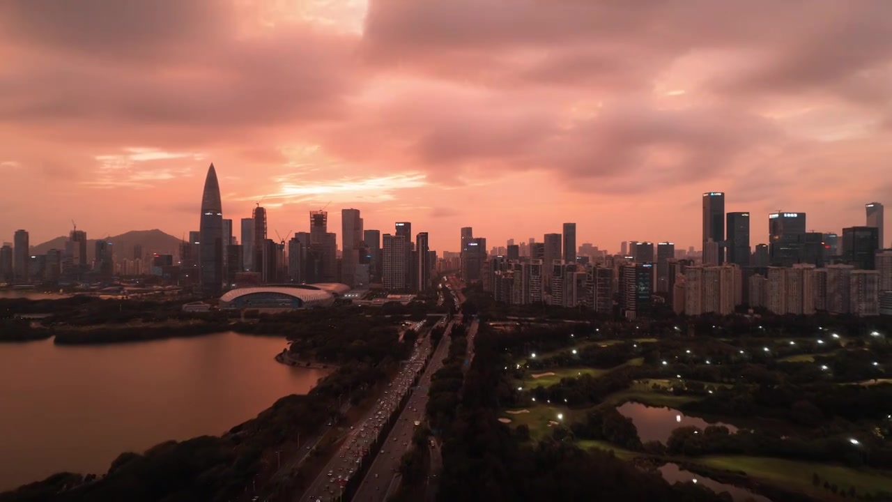 深圳南山区后海日落晚霞航拍大范围延时视频素材