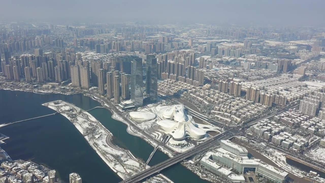 长沙梅溪湖雪景航拍全景视频下载