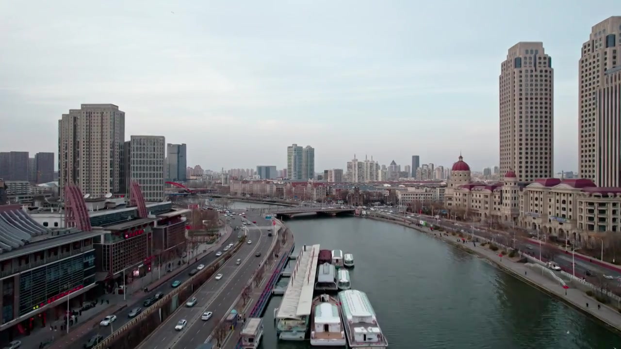 天津海河古文化街码头金汤桥城市建筑风光航拍视频素材