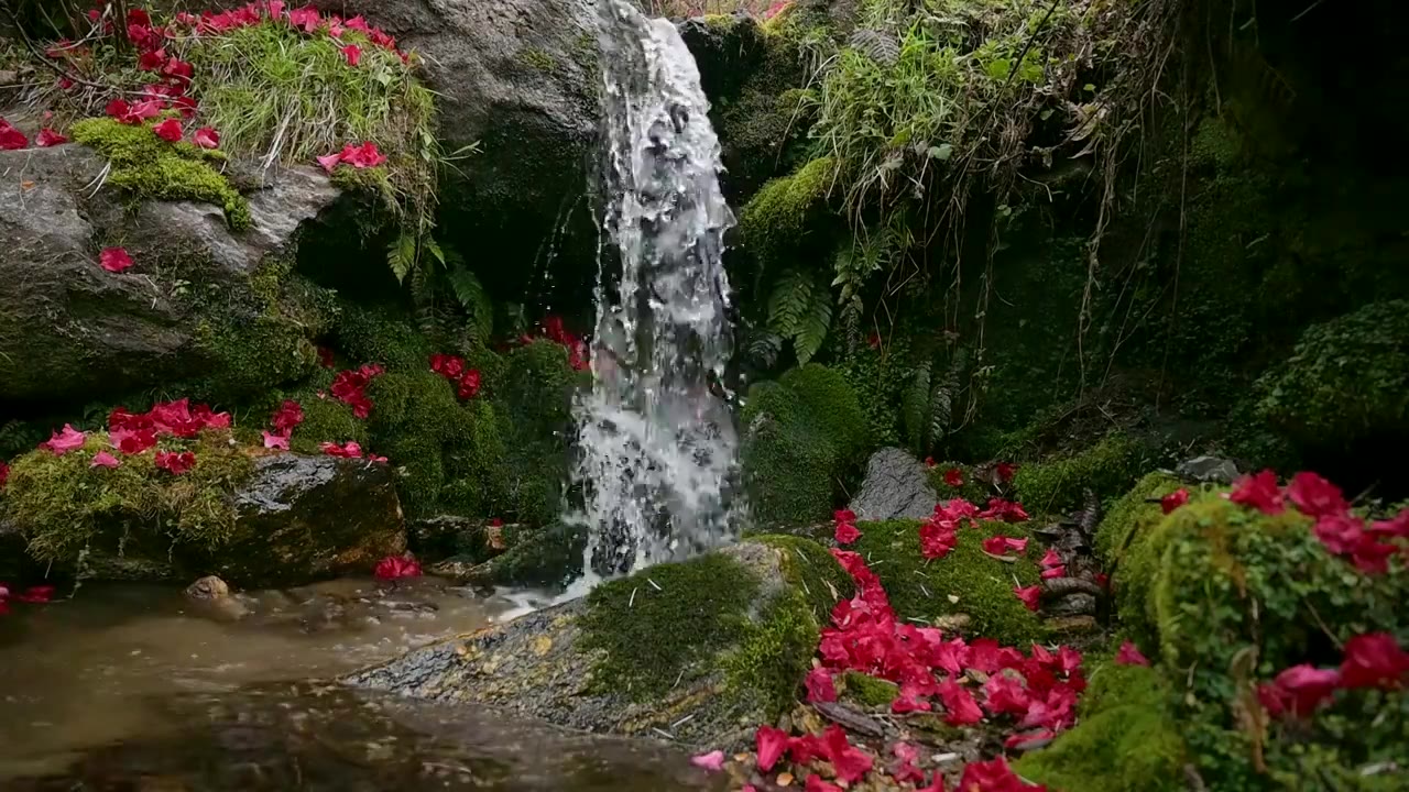 大理漕涧花木岭景区杜鹃花红叶岩石流水瀑布风光视频下载