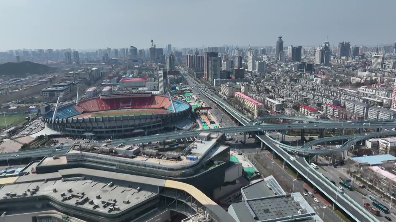 中国山东济南城市风光航拍  济南顺河高架路玉函立交桥 济南市全民健身中心 山东省体育中心视频素材