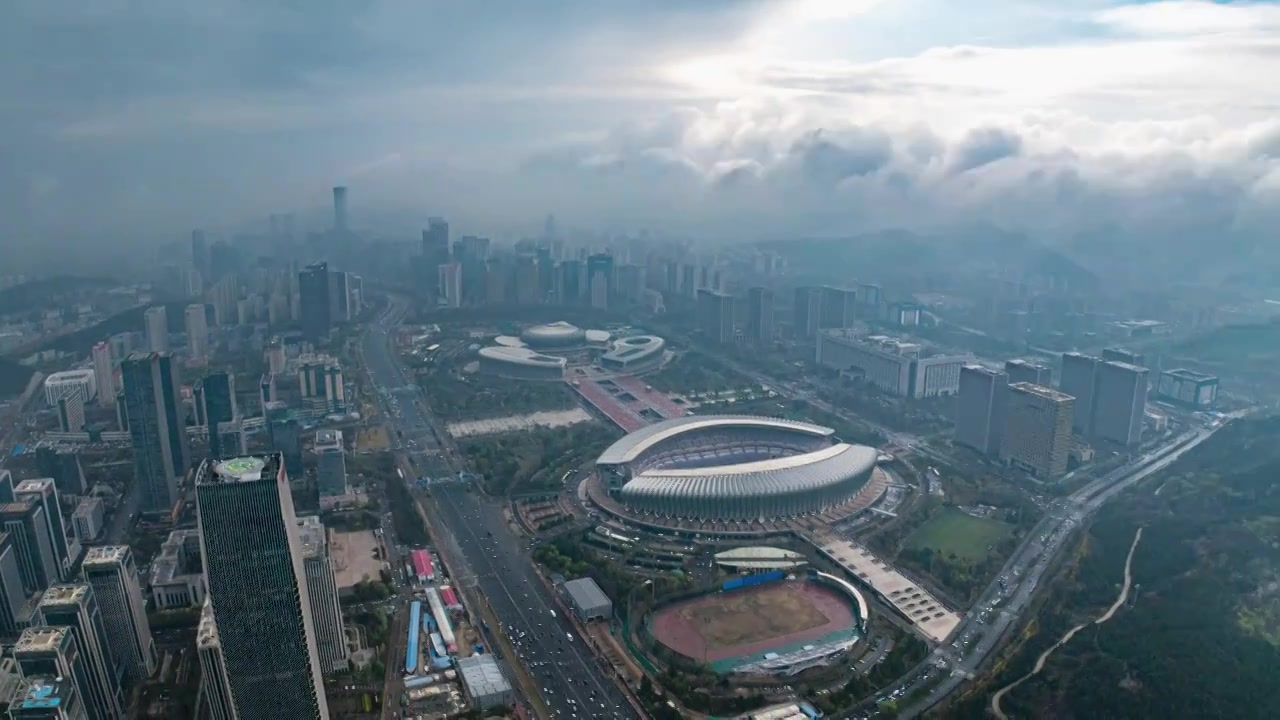 济南奥体中心多云航拍延时视频素材