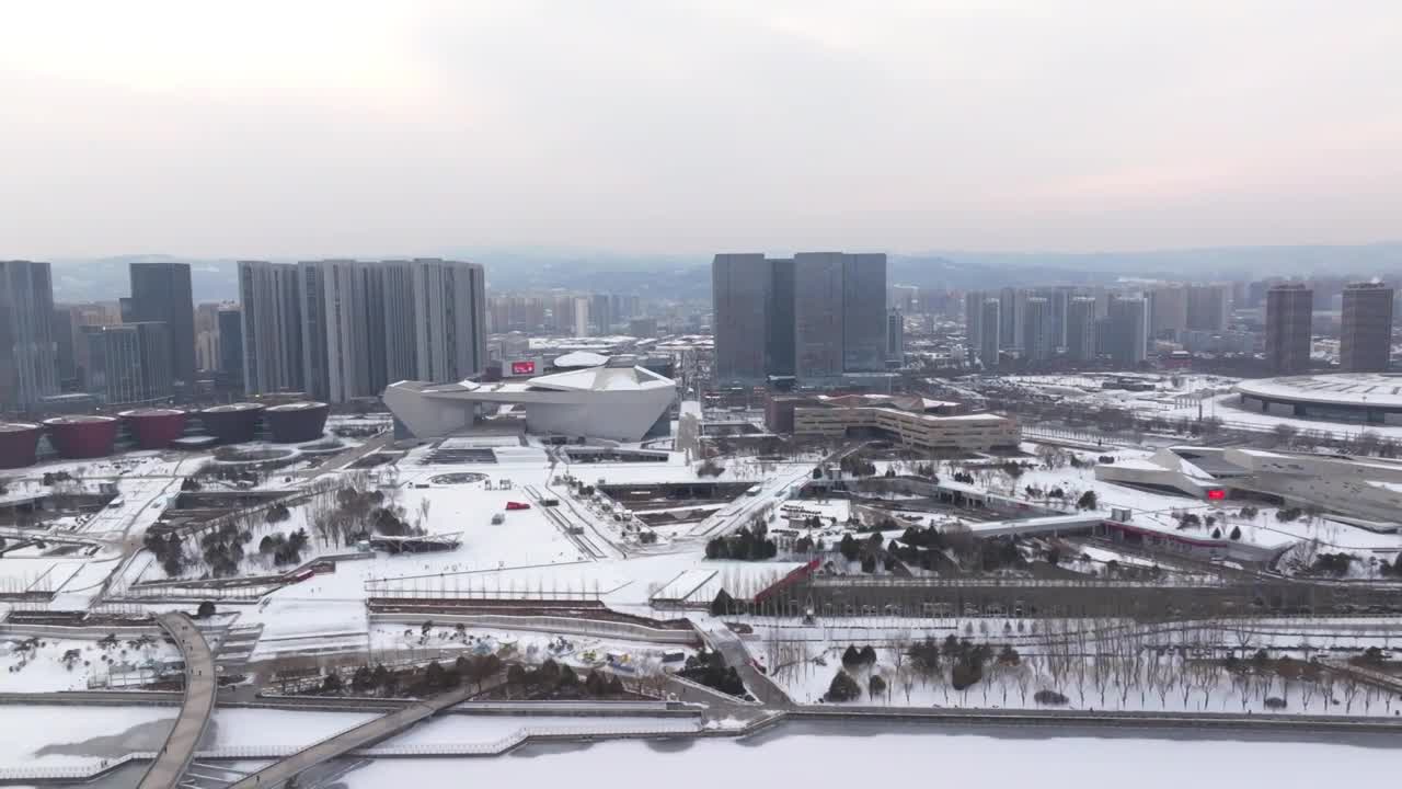 太原长风商务区、百花谷雪景航拍视频素材