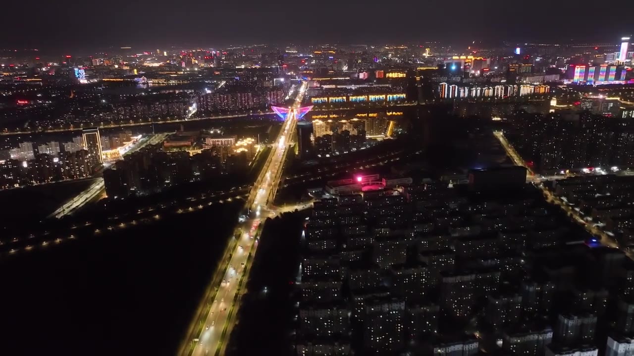 航拍宁夏银川城市街道夜景视频素材