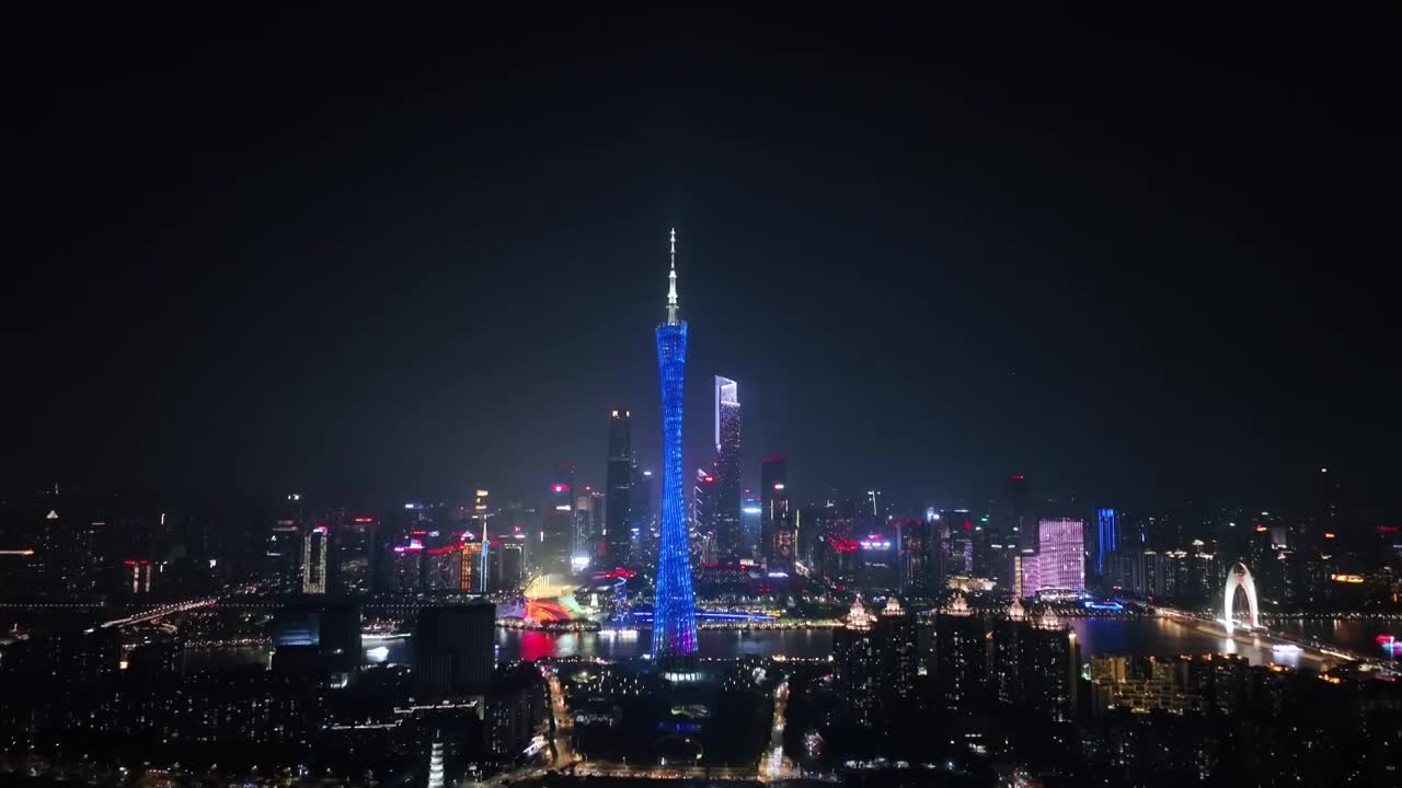 广州夜景【航拍+延时】广州夜景航拍广州塔夜景珠江新城夜景城市建筑风光视频素材