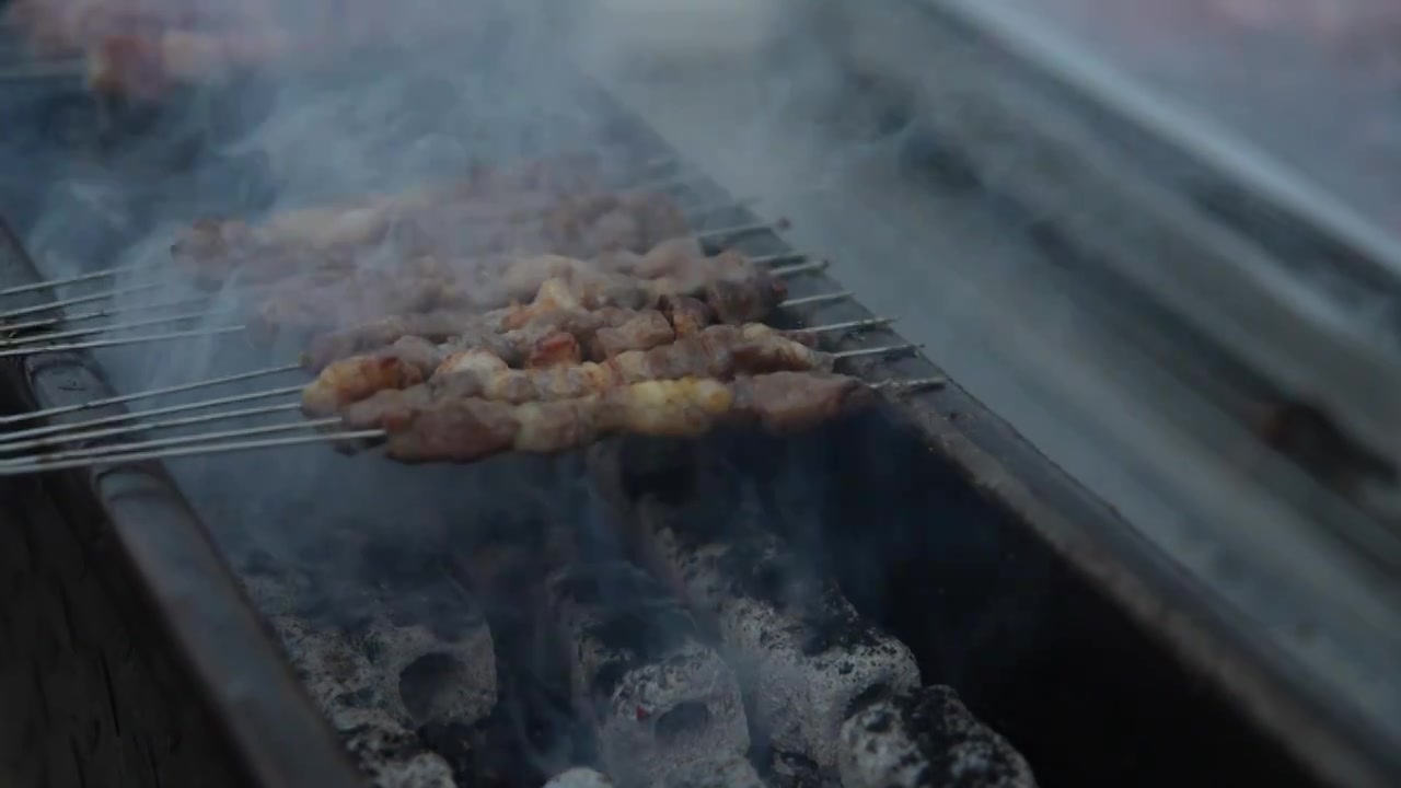 烧烤炉子上的羊肉串烤肉串烧烤节视频素材