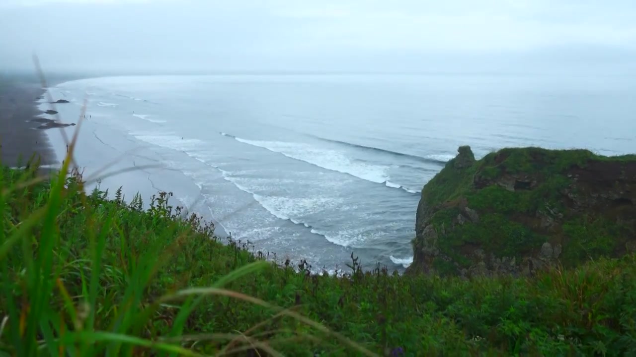 海景峭壁上美丽的绿草。夹。岩石景观视频素材