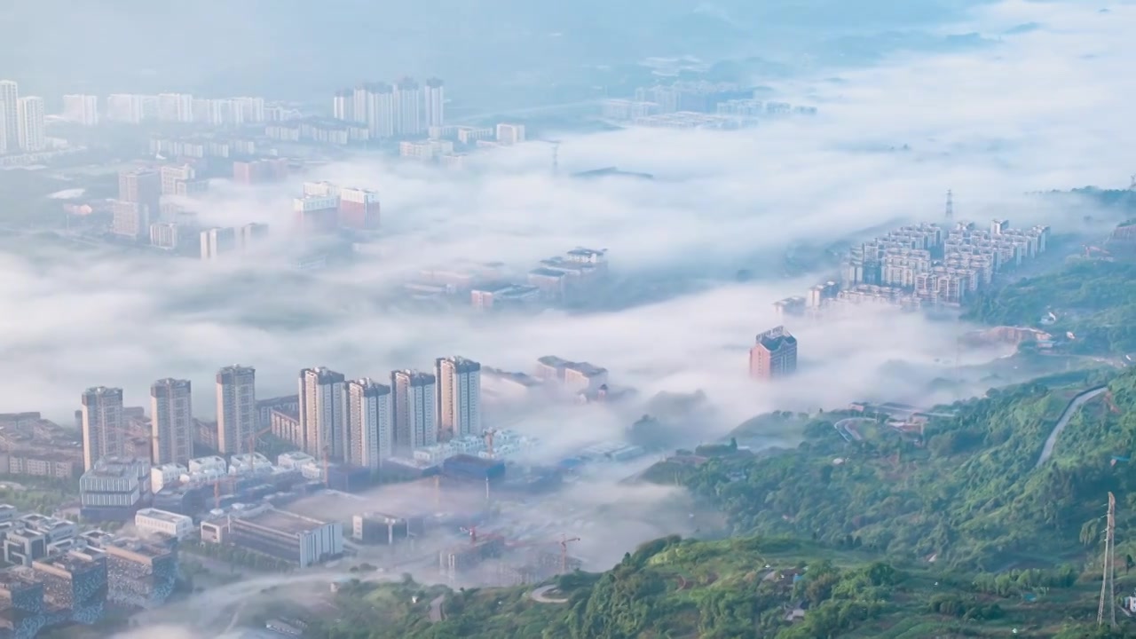 航拍重庆鱼洞清晨日出平流雾延迟风光视频素材