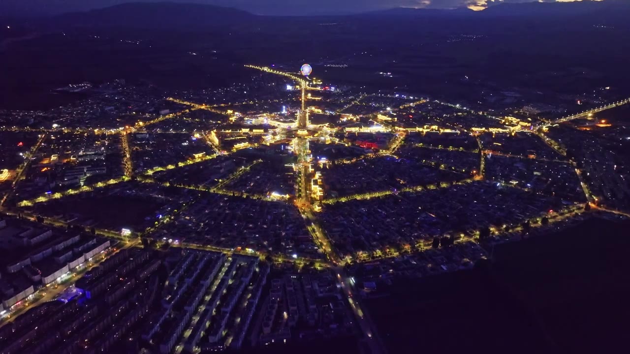 新疆特克斯八卦城夜景HDR航拍视频素材