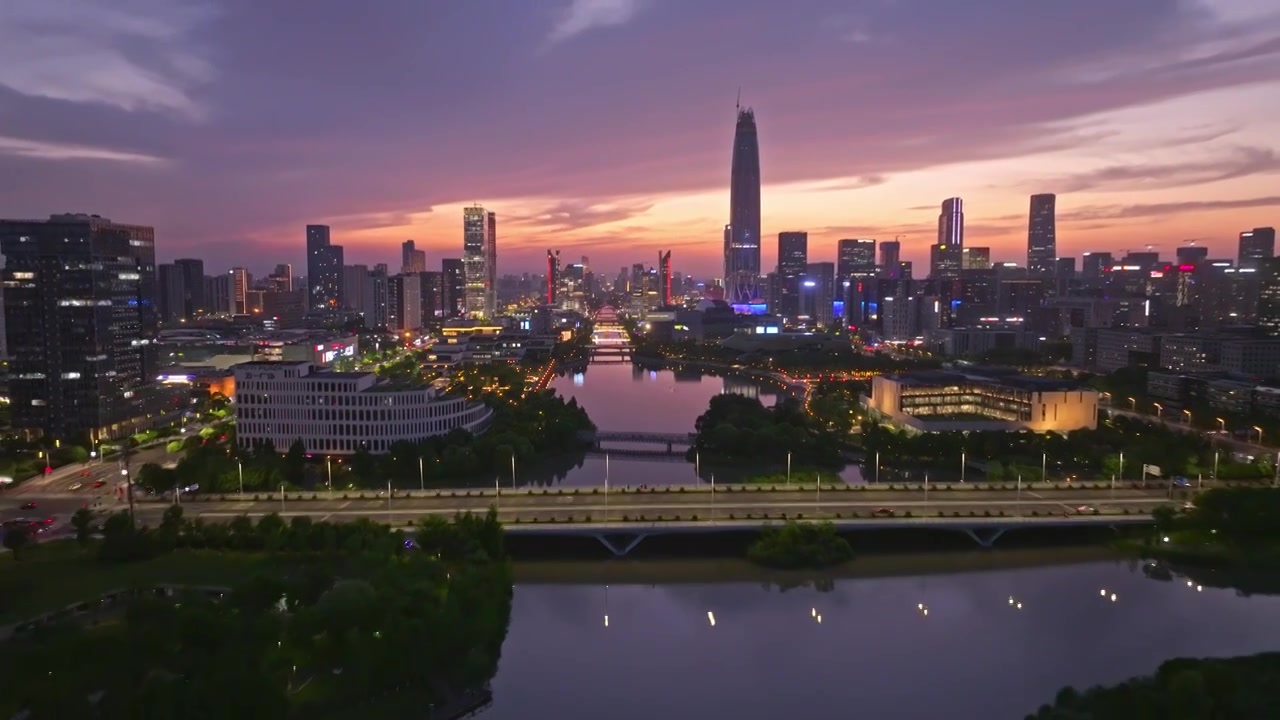 宁波东部新城日落晚霞夜景视频素材