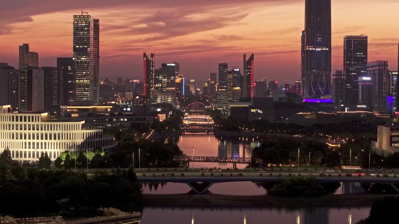 宁波东部新城日落晚霞夜景视频素材