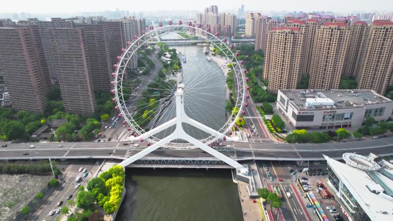 天津之眼摩天轮城市建筑风光航拍视频素材