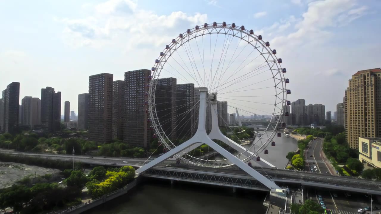 天津之眼摩天轮城市建筑风光航拍视频素材