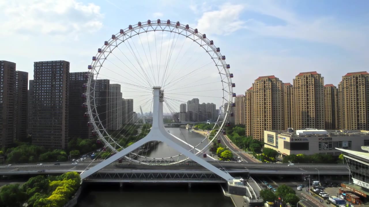 天津之眼摩天轮城市建筑风光航拍视频素材