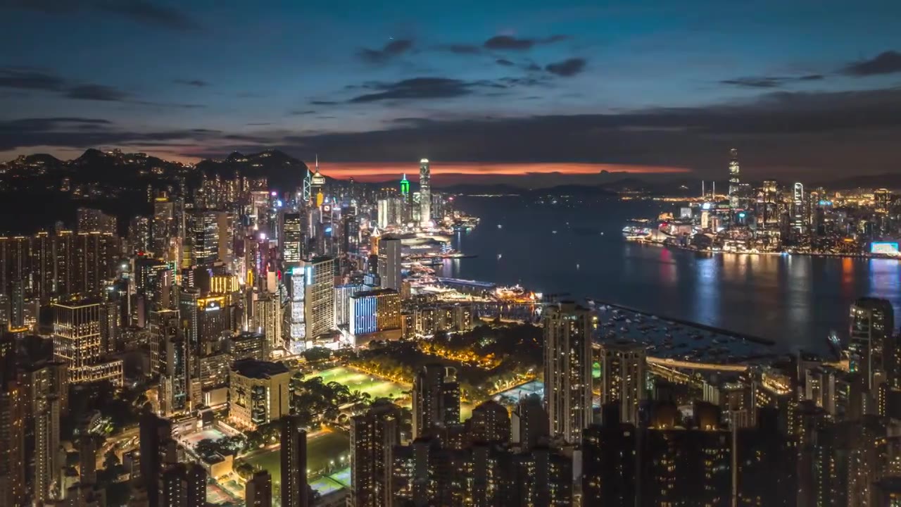 香港维多利亚港城市蓝调夜景航拍延时视频下载