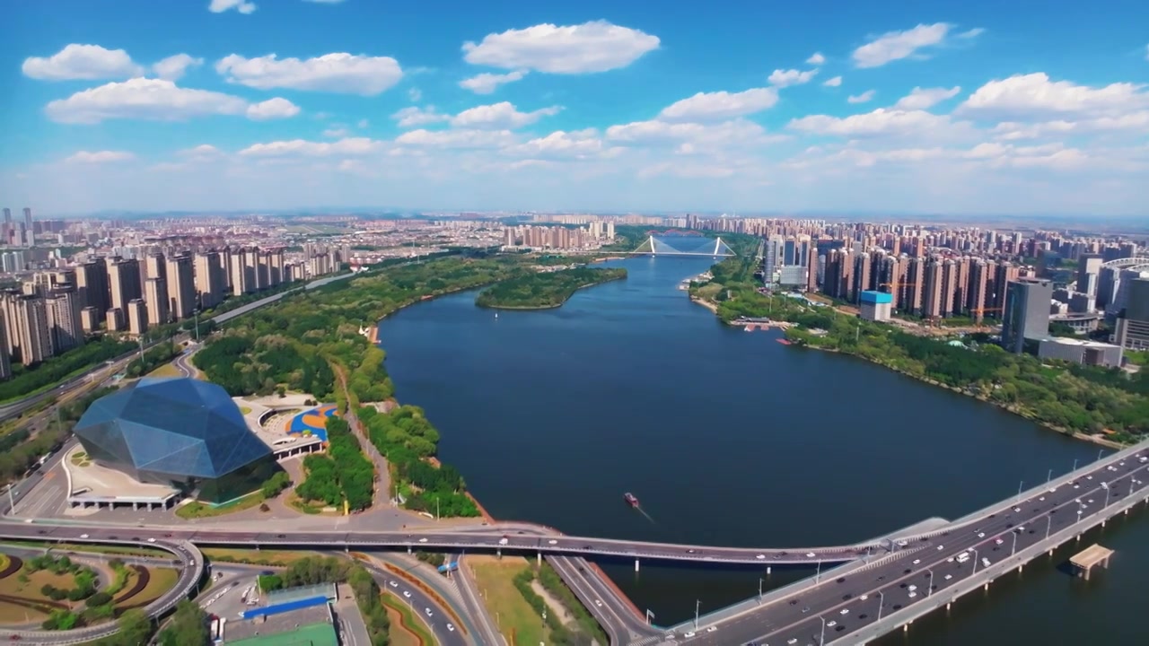 辽宁沈阳浑河大气城市风景航拍视频素材