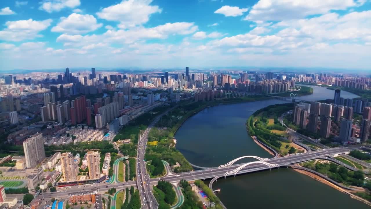 辽宁沈阳浑河大气城市风景航拍视频素材