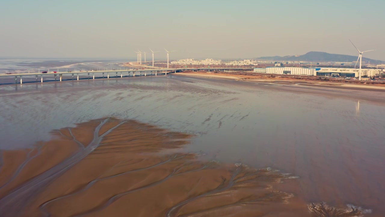 浙江海宁嘉绍大桥潮汐树日出航拍视频视频素材