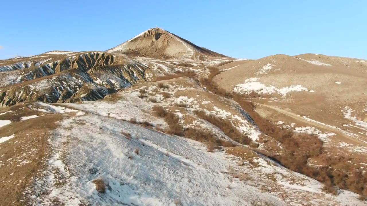 高山景观，山峰被雪覆盖。射杀。群山的俯视图视频素材