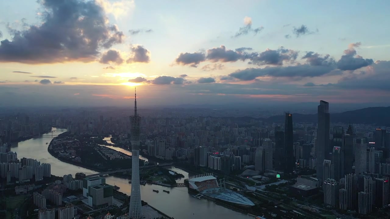 广州地标建筑日落航拍视频素材