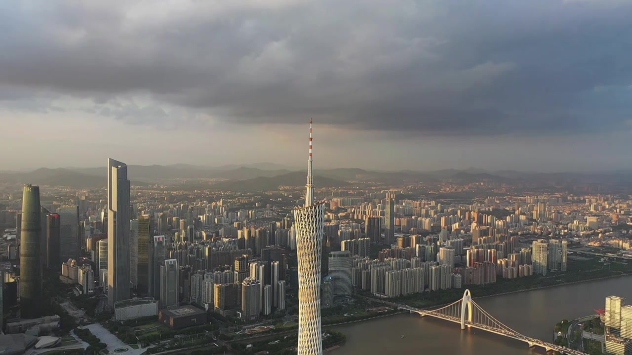 广州地标建筑日落航拍视频素材