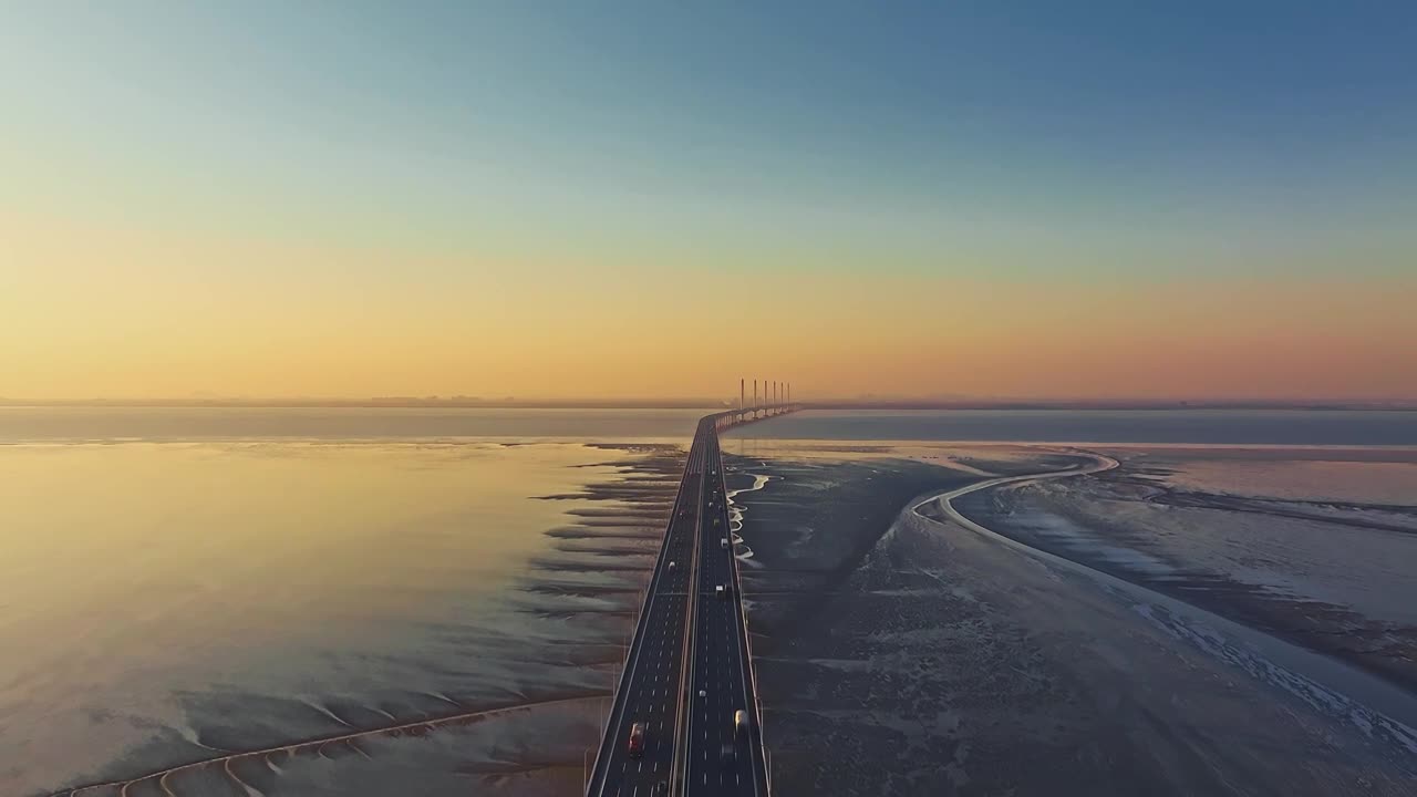 浙江绍兴海宁嘉绍大桥日出潮汐树航拍视频视频下载