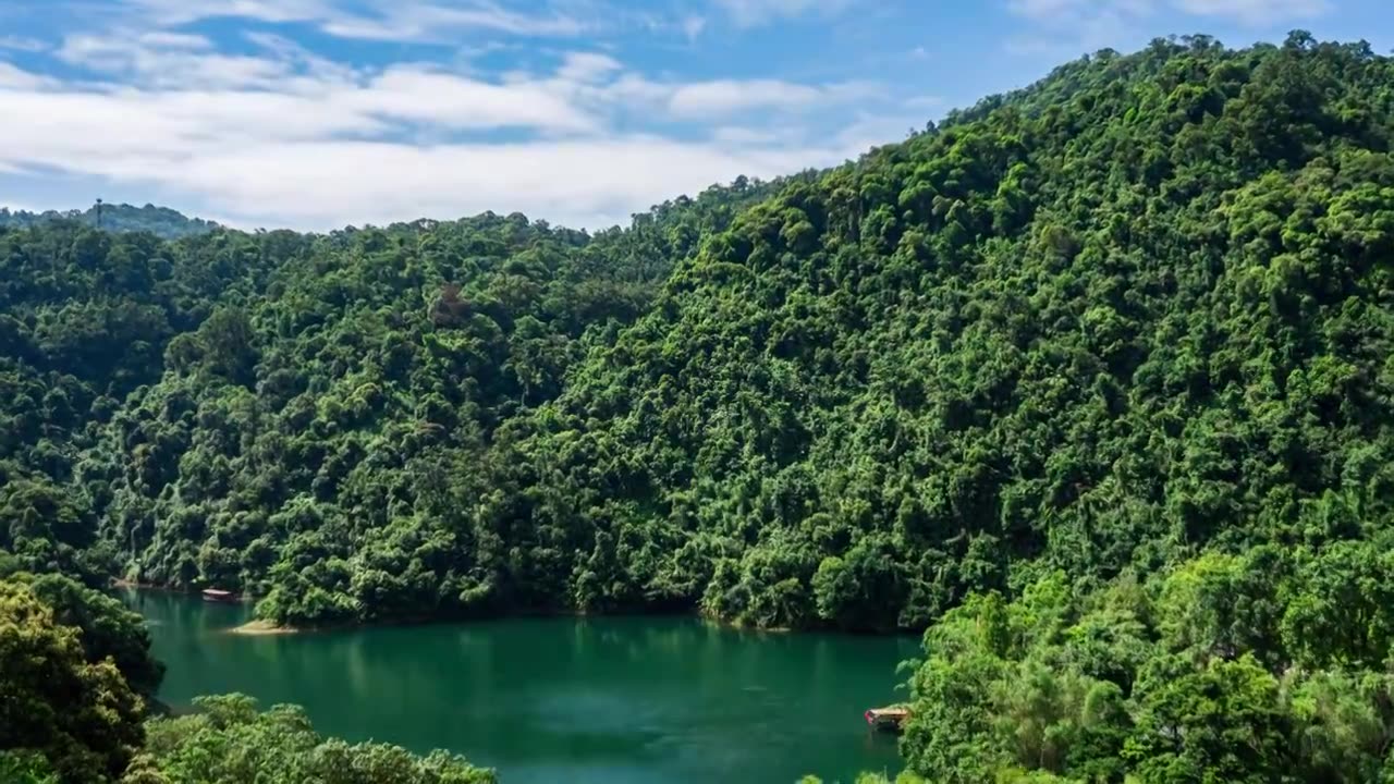 中国广东肇庆市鼎湖山蝴蝶谷观光游船和自然风光延时摄影视频素材