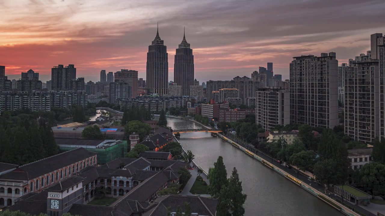 上海，苏州河，华东政法大学，环球港，晚霞，日转夜延时视频下载