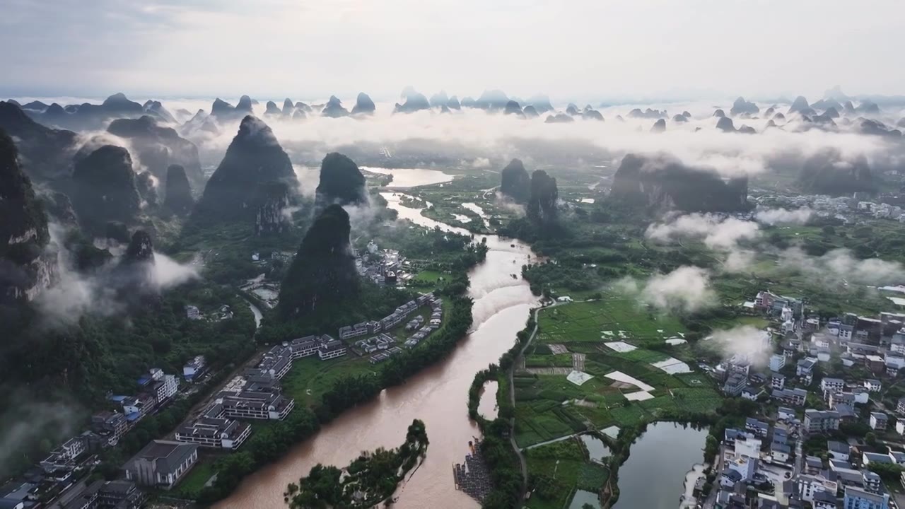 广西桂林阳朔漓江洪水洪峰过境视频下载