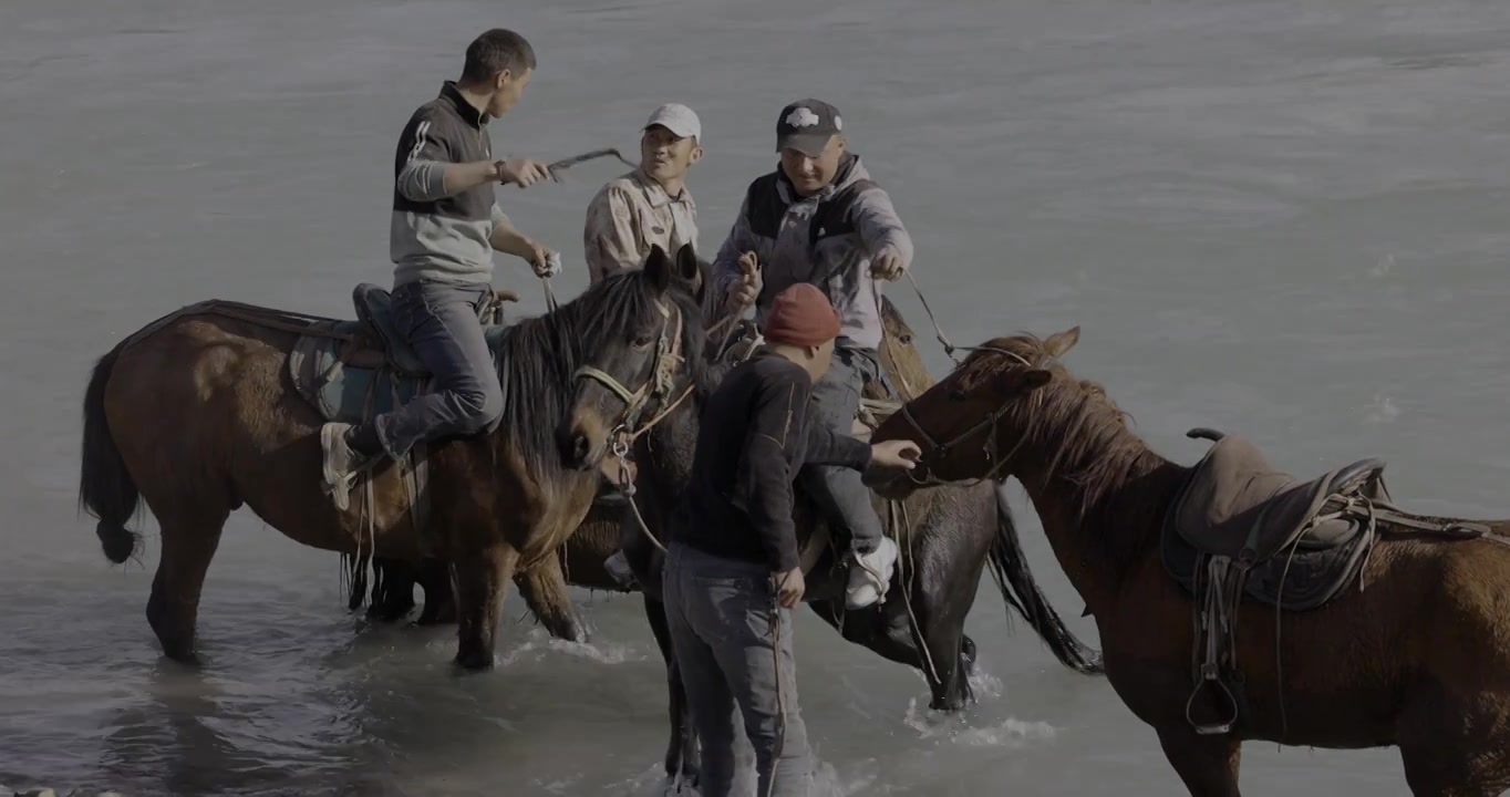 哈萨克牧民骑马浴河视频下载