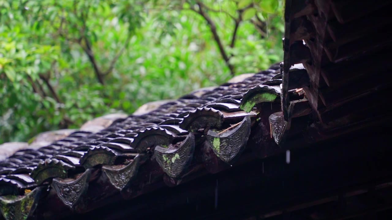 梅雨季节苏州园林拙政园，雨中的屋檐，一串串水珠落下，慢镜头视频素材