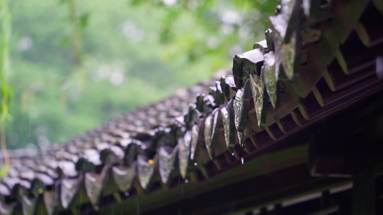 梅雨季节苏州园林拙政园，雨中的屋檐，一串串水珠落下，慢镜头视频素材