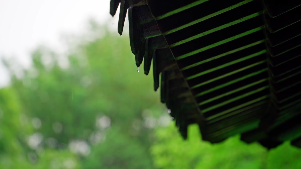 梅雨季节苏州园林拙政园，雨中的屋檐，一串串水珠落下，慢镜头视频素材