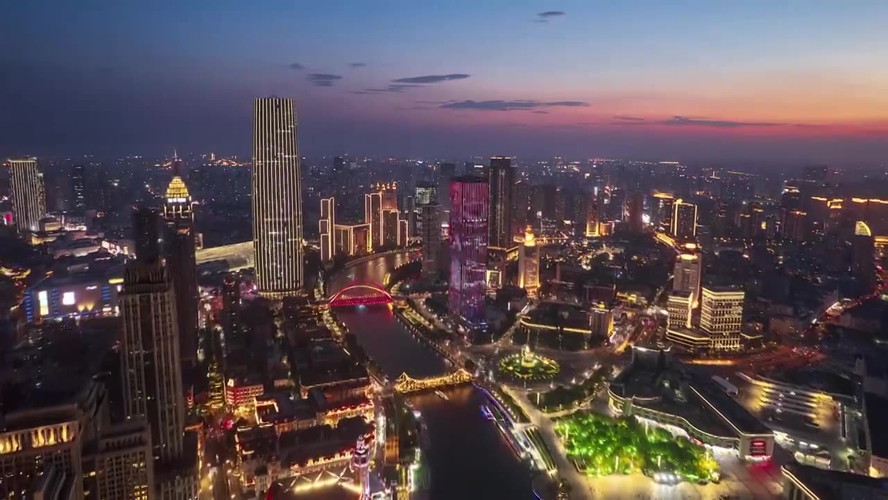 天津夜景城市航拍延时摄影视频素材