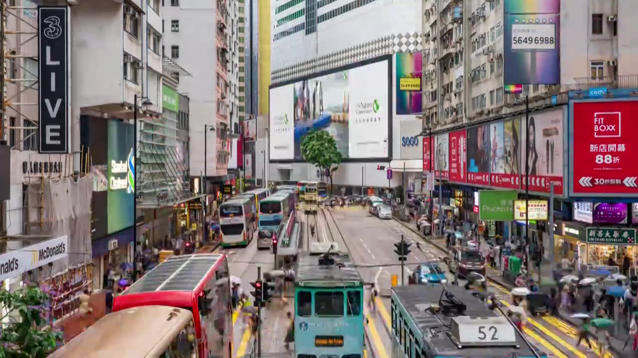 中国香港铜锣湾街道叮叮车繁忙交通人流延时摄影视频素材