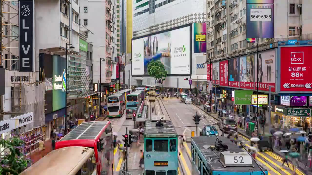 中国香港铜锣湾街道叮叮车繁忙交通人流延时摄影视频素材