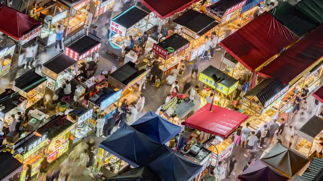 广州夜市美味小吃宵夜，时间流逝，人流量，延时视频视频素材