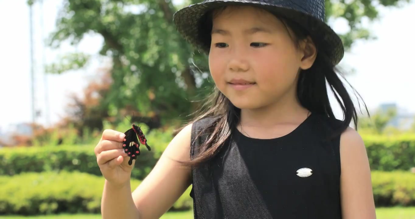 可爱小女孩抓到一只漂亮的蝴蝶 认真观察蝴蝶视频素材