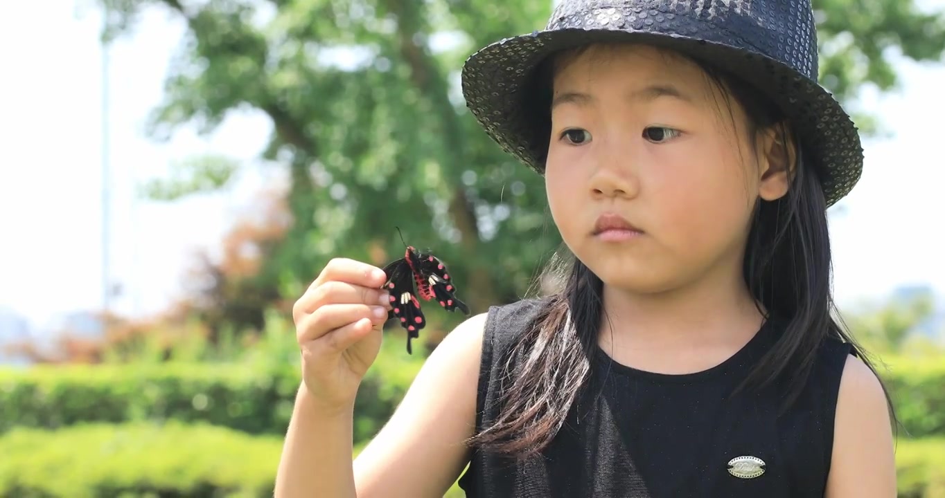 可爱小女孩抓到一只漂亮的蝴蝶 认真观察蝴蝶视频素材