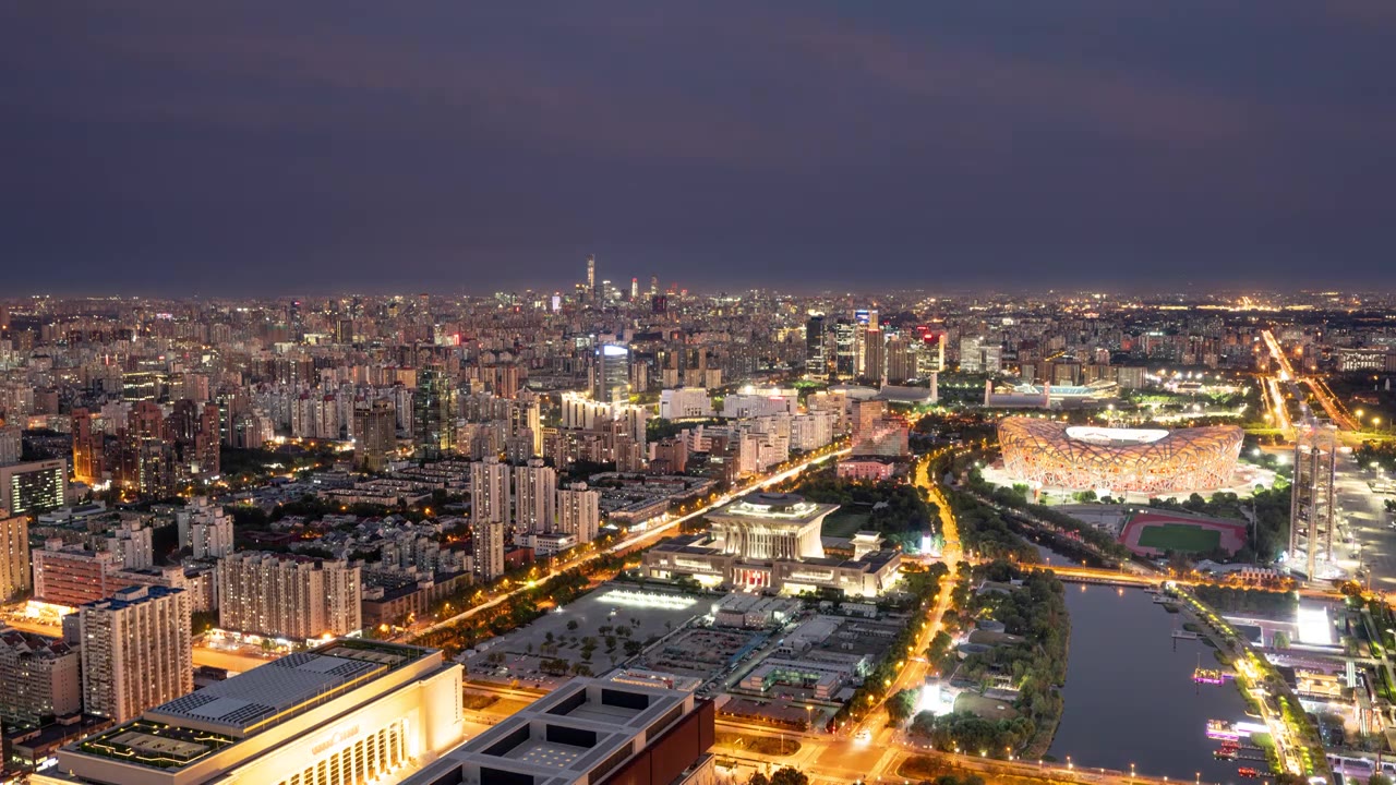 北京国贸鸟巢同框全景日转夜视频素材