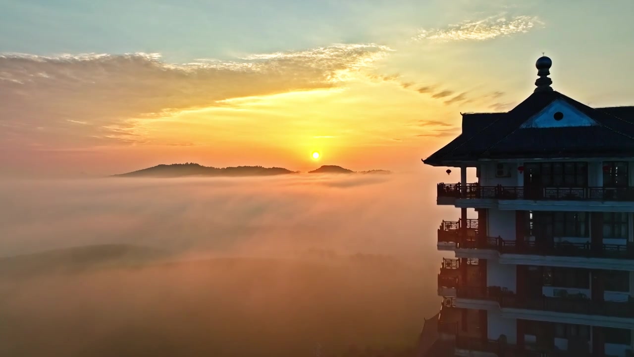 4K贵州遵义湄潭茶海日出航拍视频素材