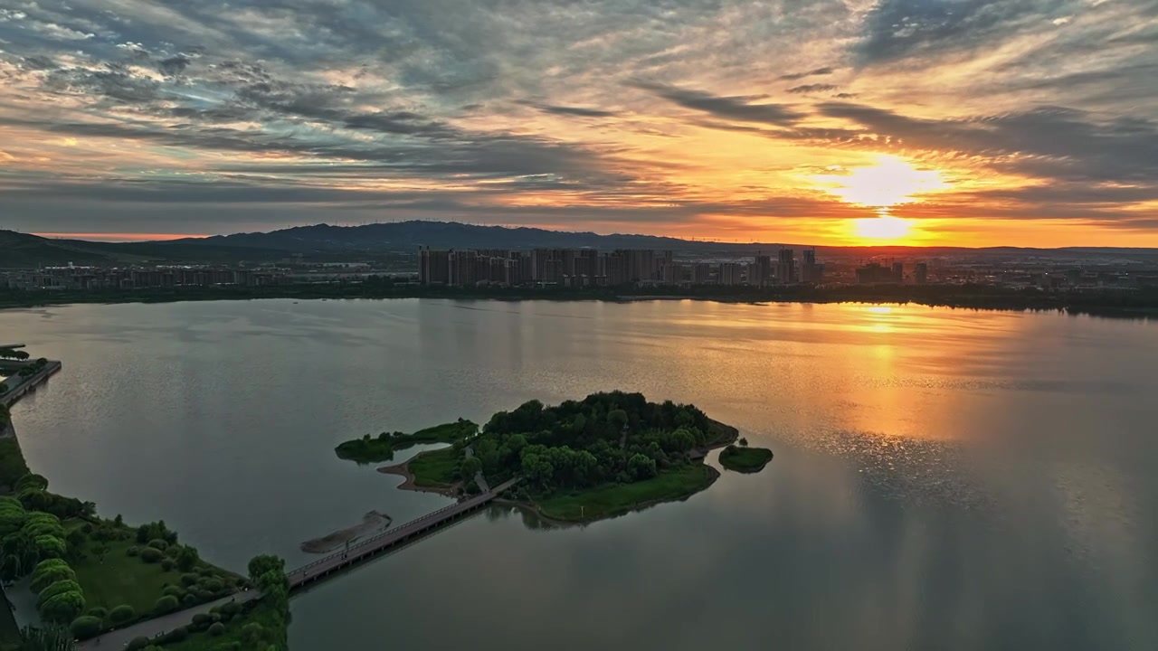 大同文瀛湖航拍大同城市建设御东新区视频素材