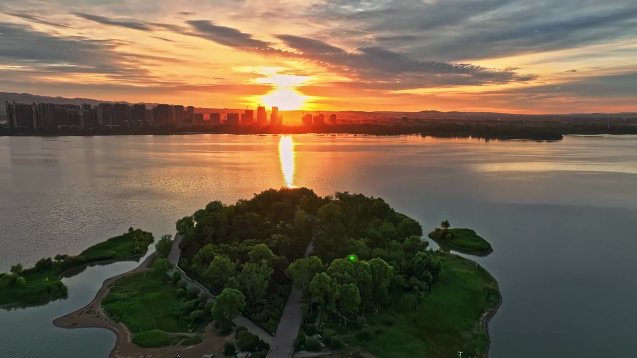 大同文瀛湖航拍大同城市建设御东新区视频素材