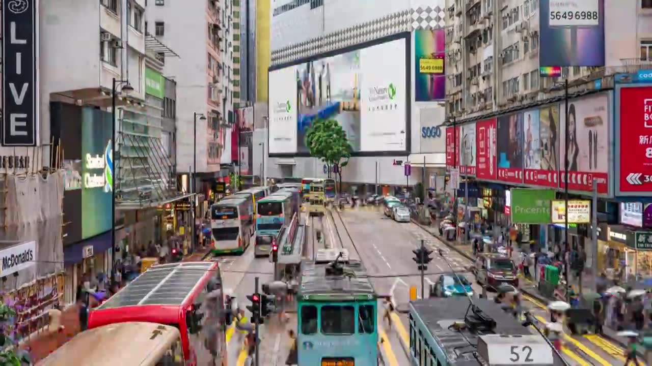 中国香港铜锣湾街道叮叮车繁忙交通人流延时摄影视频素材