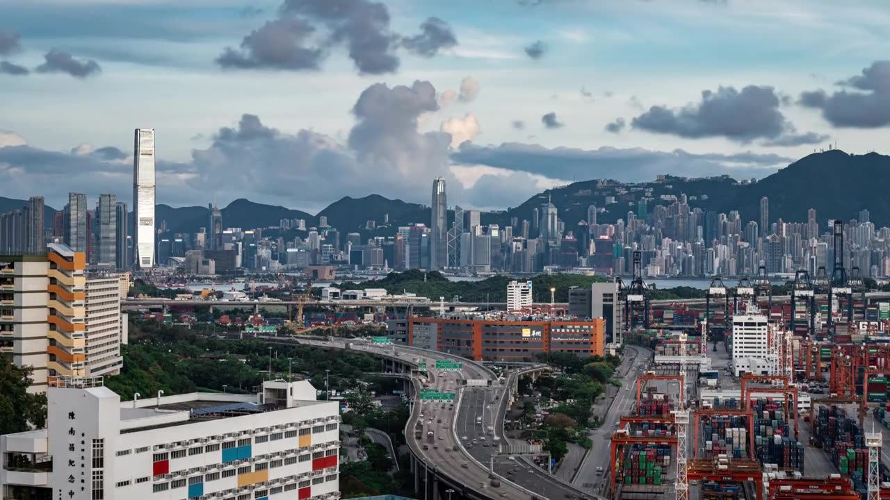 香港维多利亚港CBD中环日落高空延时视频素材