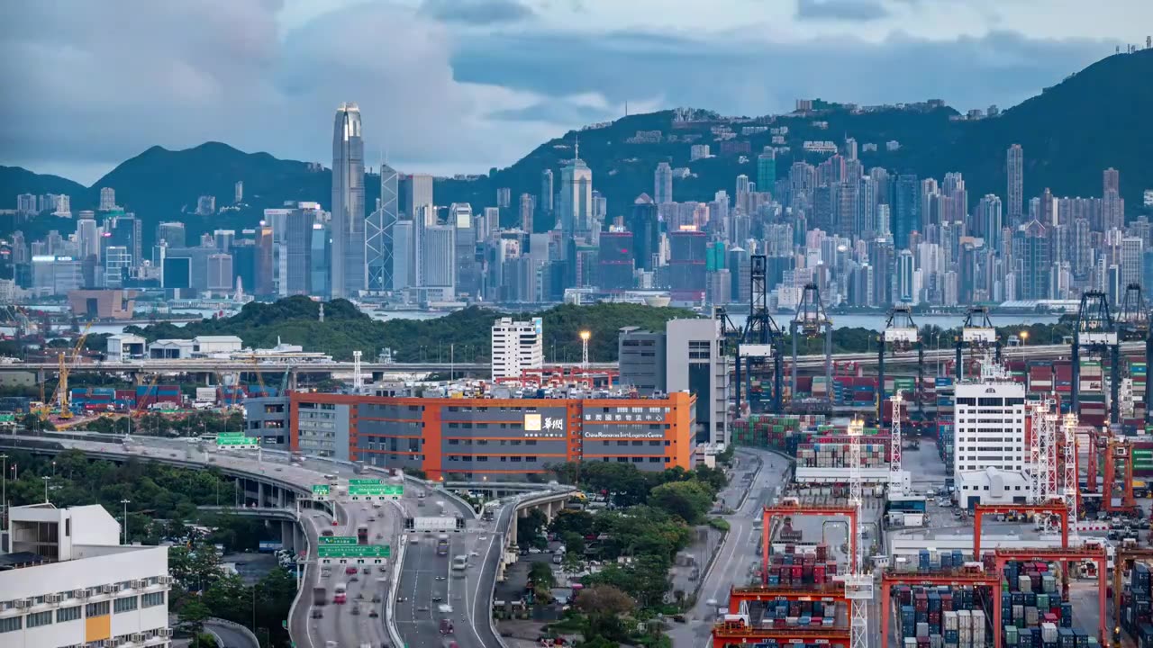 香港维多利亚港CBD中环日落高空延时视频素材