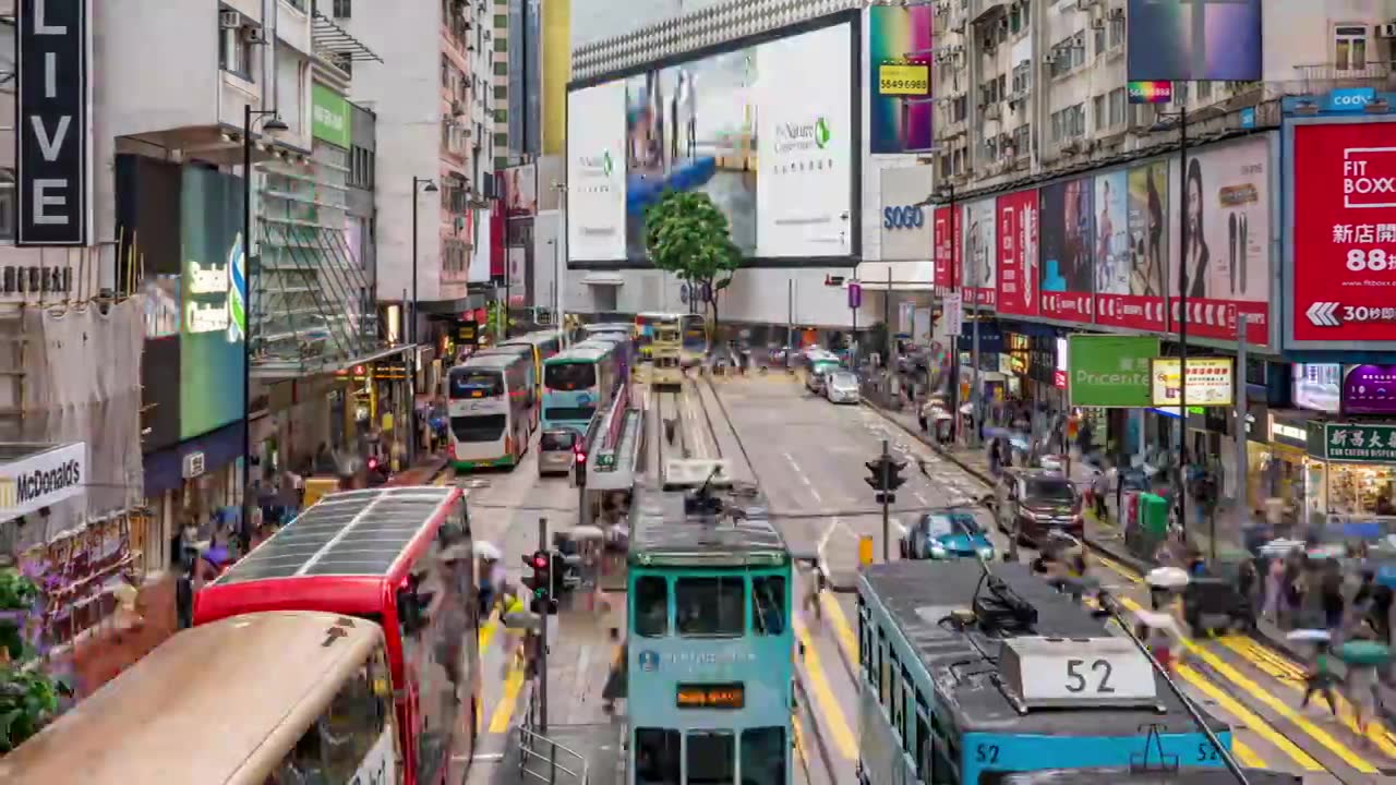 中国香港铜锣湾街道叮叮车繁忙交通人流延时摄影视频下载